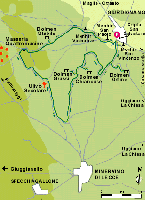 Mappa Dolmen/Menhir di Giurdignano